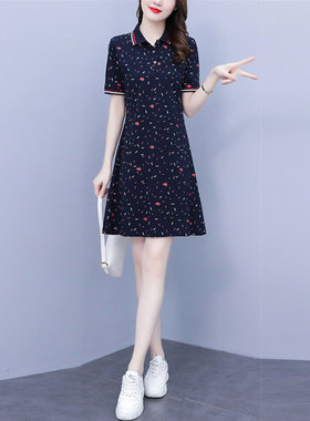 印花连衣裙女2025夏季新款休闲显瘦中长款POLO领运动减龄A字裙子
