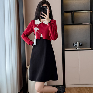 新中式国风假两件套装女2025秋冬季新款小香风翻领针织毛衣连衣裙