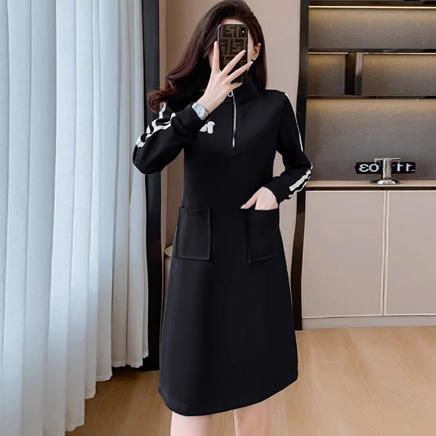 卫衣女秋冬2026新款春秋女士减龄中长款半拉链直筒连衣裙加绒加厚