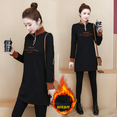 卫衣女刺绣高领无帽中长款打底衫