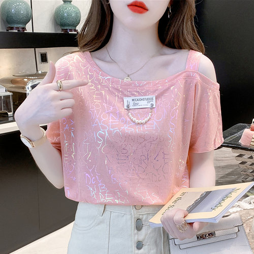 夏季冰丝烫金露肩短袖T恤女显瘦