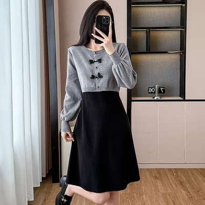 小香风假两件拼接针织连衣裙秋冬