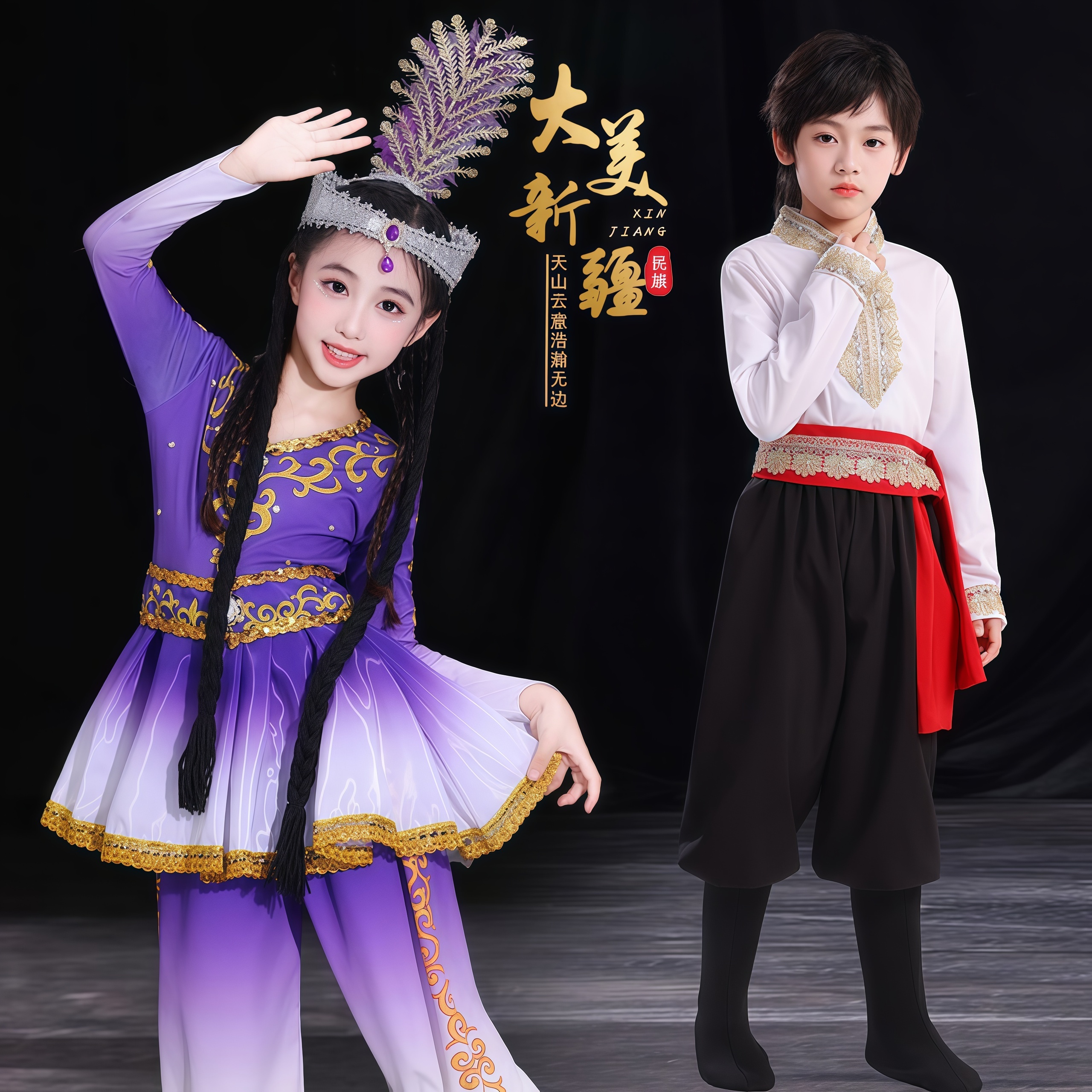 儿童新疆维族舞蹈大摆裙幼儿园舞蹈服男女童古丽舞少数民族演出服