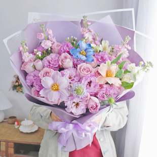 多巴胺荔枝玫瑰混搭花束北京杭州天津上海同城送花情人节送女友