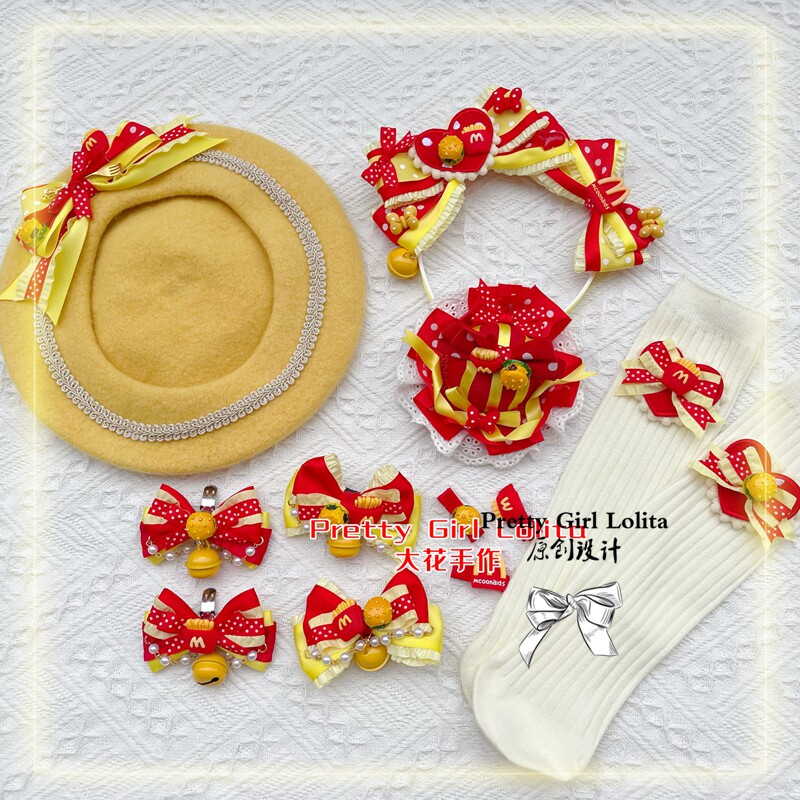 原创麦当劳系列麦当当儿童洛丽塔头饰发饰礼帽边夹鞋架袜夹贝雷帽