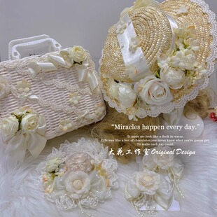 原创大花手作米色山茶花洛丽塔发饰法式 风草帽藤箱发夹lolita小物