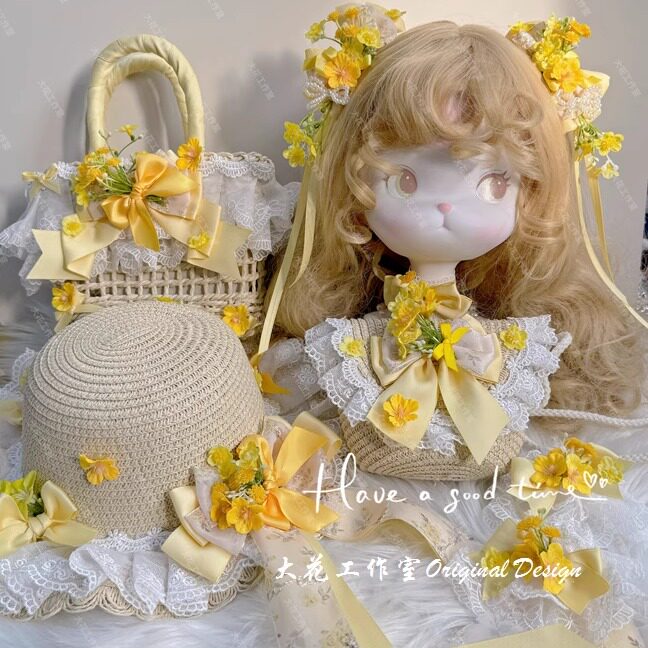 原创大花手作小黄花黄色洛丽塔发饰发夹儿童少女挎包手提包草帽