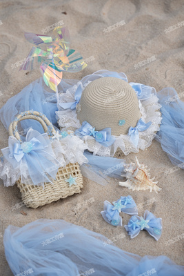 原创大花手作蓝色海星海洋贝壳蝴蝶结儿童洛丽塔发饰发夹