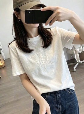 刺绣花朵白色正肩圆领短袖T恤女夏季韩系简约宽松休闲半袖上衣服