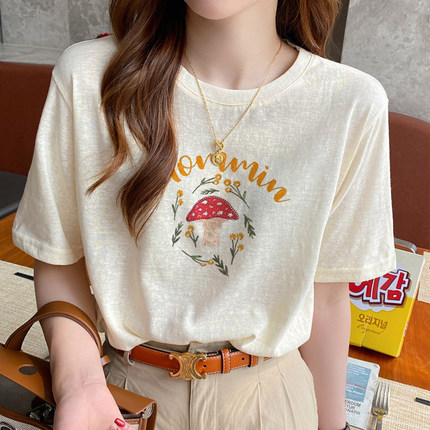 设计感小众雪花棉韩系上衣服女夏季宽松休闲显瘦圆领正肩短袖T恤