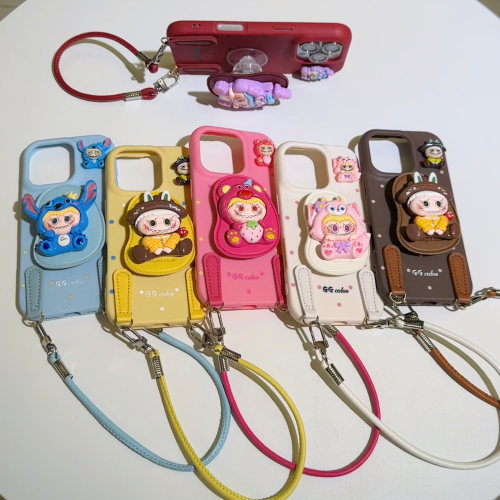 立体拉布布卡通公仔带斜挎挂绳苹果16ProMax手机壳iPhone16Pro新款14Plus斜挎绳女13mini硅胶11/12防摔