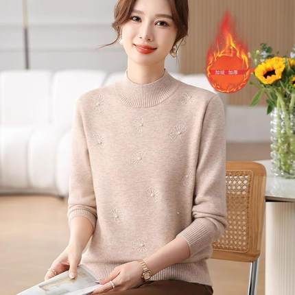妈妈装秋冬新款上衣针织一体绒打底衫2024中老年女装加厚保暖毛衣