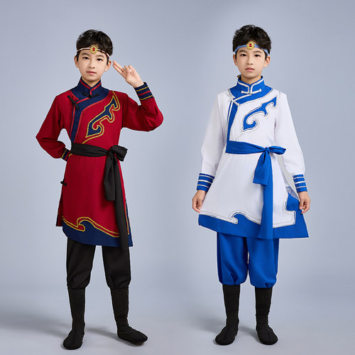 六一蒙古服装男款儿童蒙古族舞蹈演出服袍白马蒙族民草筷子舞服饰