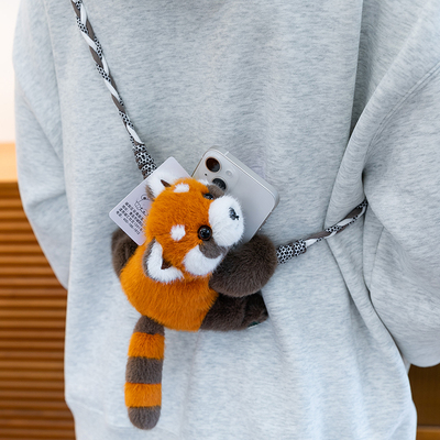 正版大小熊猫卡通手机背夹挂绳毛绒水獭玩偶挂件壳斜挎链条可背带