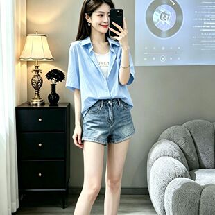 假两件白色吊带+衬衫女夏季新款Polo领前短后长慵懒风显瘦上衣潮