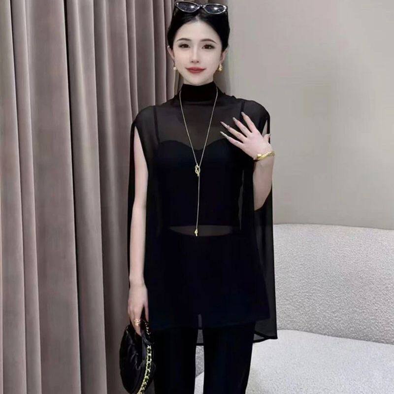 法式高领网纱微透2025夏季新款无袖衬衫女装宽松显瘦通勤百搭上衣