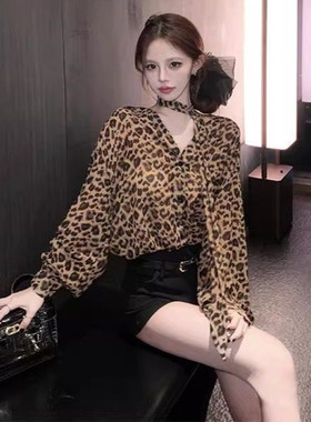 辣妹豹纹长袖雪纺衬衫女春秋新款上衣高级纯欲个性辣妹御姐衬衣潮