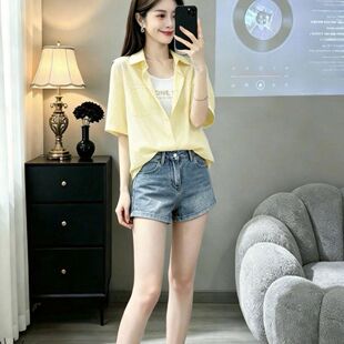 假两件白色吊带+衬衫女夏季新款Polo领前短后长慵懒风显瘦上衣潮