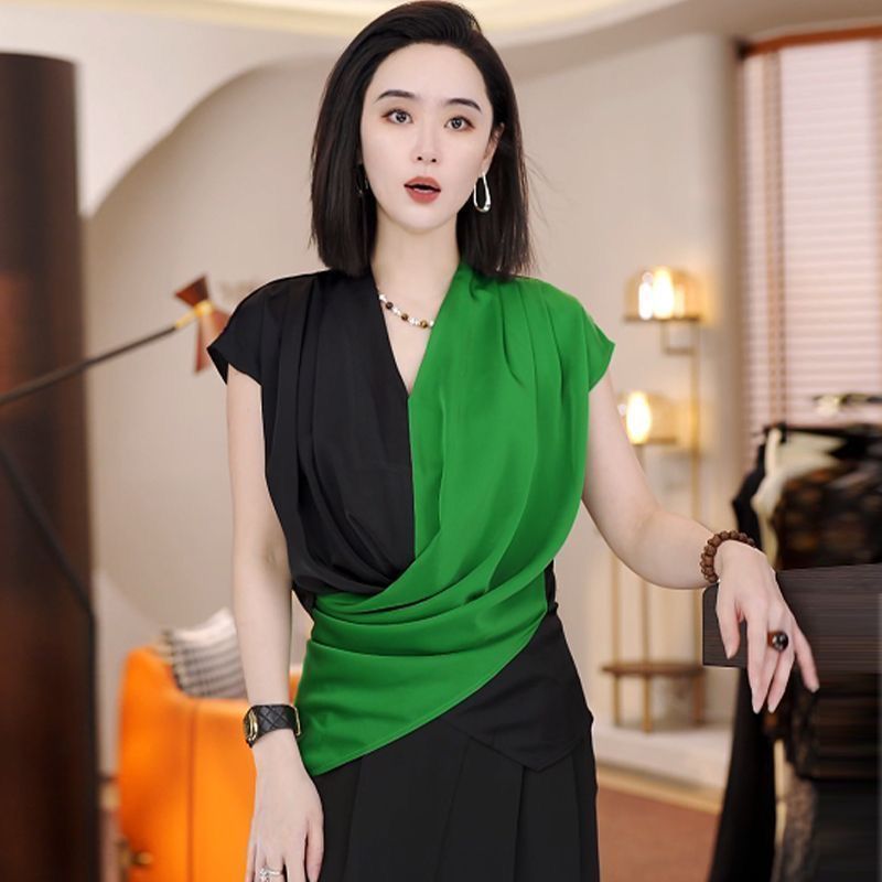 大码女装欧货时尚V领交叉拼色短袖衬衫夏季新款时尚洋气减龄上衣