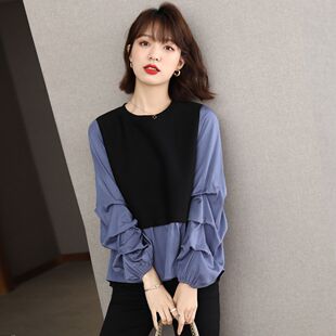 打底衫 卫衣女拼接假两件减龄韩版 宽松洋气收褶长袖 2025春秋新款