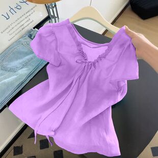 杭州四季青意法高端女装设计感系带V领短袖egg娃娃衬衫湖蓝色上衣