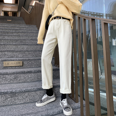 米白色直筒牛仔裤女秋冬2025新款高腰显瘦阔腿宽松加绒百搭拖地裤