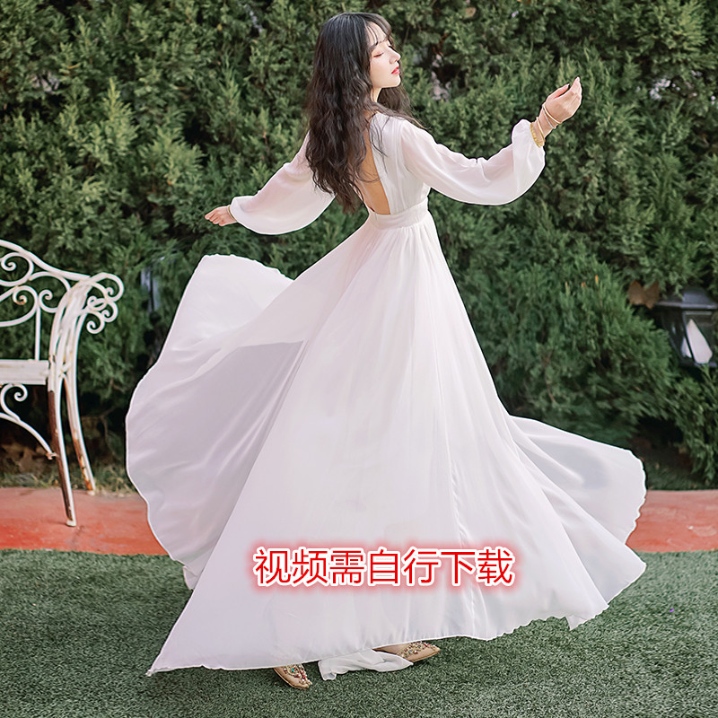 仙美飘逸气质白色长裙三亚旅游拍照衣服海边度假露背拖尾连衣裙