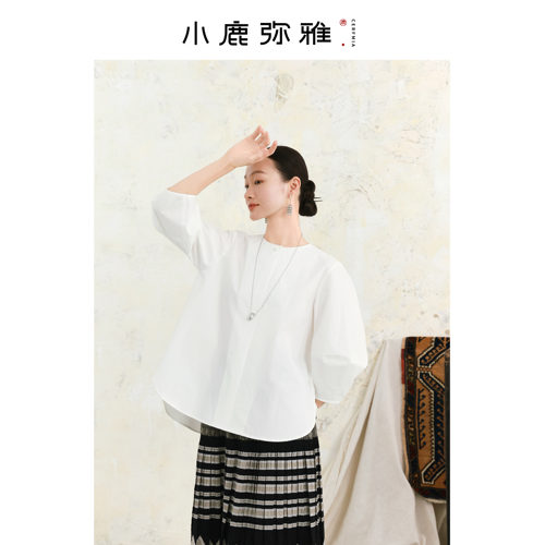 新中式七分灯笼袖纯棉白衬衫