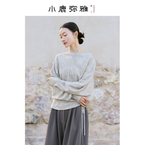 小鹿弥雅《蒹葭》系列文艺天丝一字领蝙蝠袖收腰系带不规则上衣春
