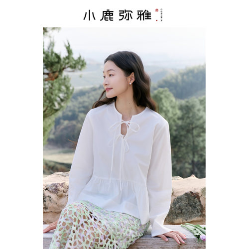 小鹿弥雅《初见》系列简约优雅系带纯棉白衬衫春