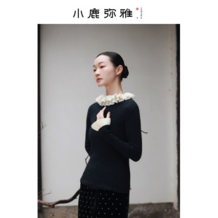 俏皮叠穿小衫 秋冬 小鹿弥雅花苞领拼色精纺羊毛百搭显瘦针织衫