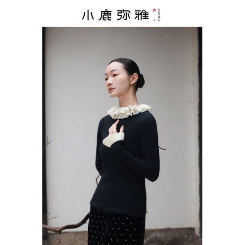 俏皮叠穿小衫~小鹿弥雅花苞领拼色精纺羊毛百搭显瘦针织衫秋冬