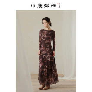 小鹿弥雅《醉花阴》新中式弹力网纱不规则下摆长袖连衣裙春秋