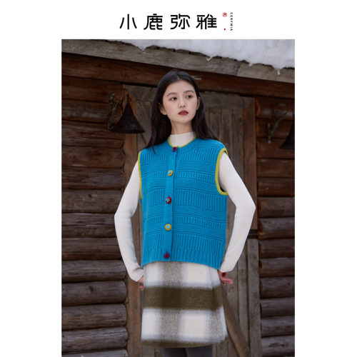 小鹿弥雅原创新中式《小酥糖》系列纯羊毛俏皮撞色针织马甲秋冬