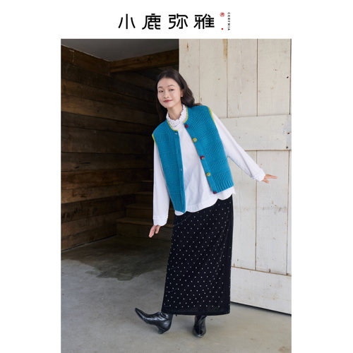 小鹿弥雅原创新中式《小酥糖》系列纯羊毛俏皮撞色针织马甲秋冬