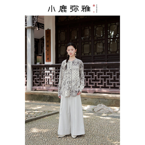 小鹿弥雅原创设计简约百搭高腰绑带休闲亚麻混纺阔腿裤春夏