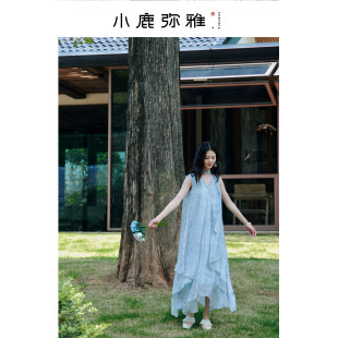 连衣长裙夏 原创设计不规则飘带V领印花无袖 小鹿弥雅 无尽夏
