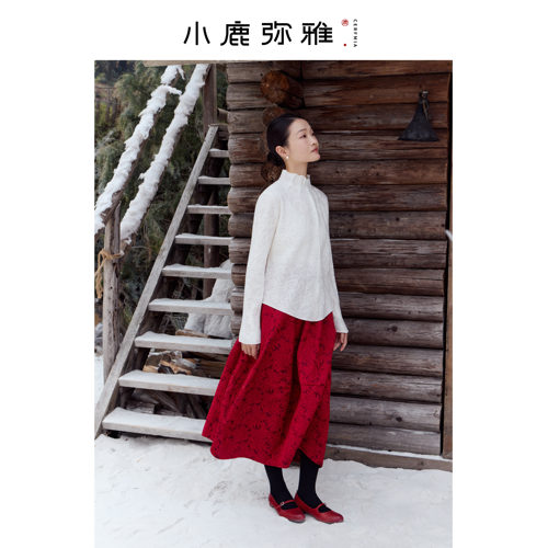 小鹿弥雅精致百搭小立领羊毛欧根纱立体提花毛衣开衫打底秋冬