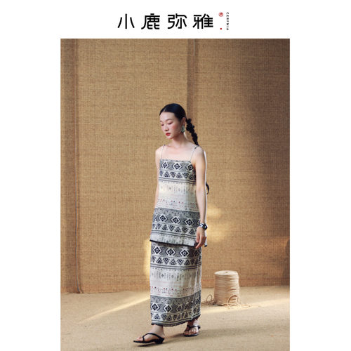 原创设计100亚麻民族风印花套装