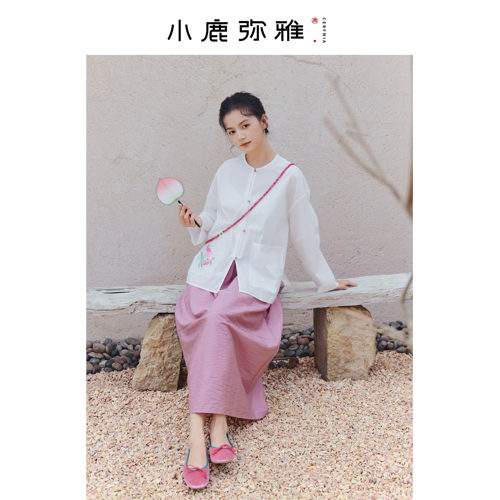小鹿弥雅《小仙桃》新中式原创设计刺绣长袖纯棉白衬衫春秋