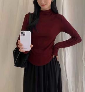 打底衫 半高领加绒长袖 女双侧皱褶收腰显瘦T恤上衣 新款 E念8020冬季