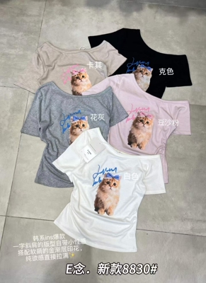 E念8830萌趣小猫氛围感斜领露肩短袖T恤女夏季新款减龄韩版Ins