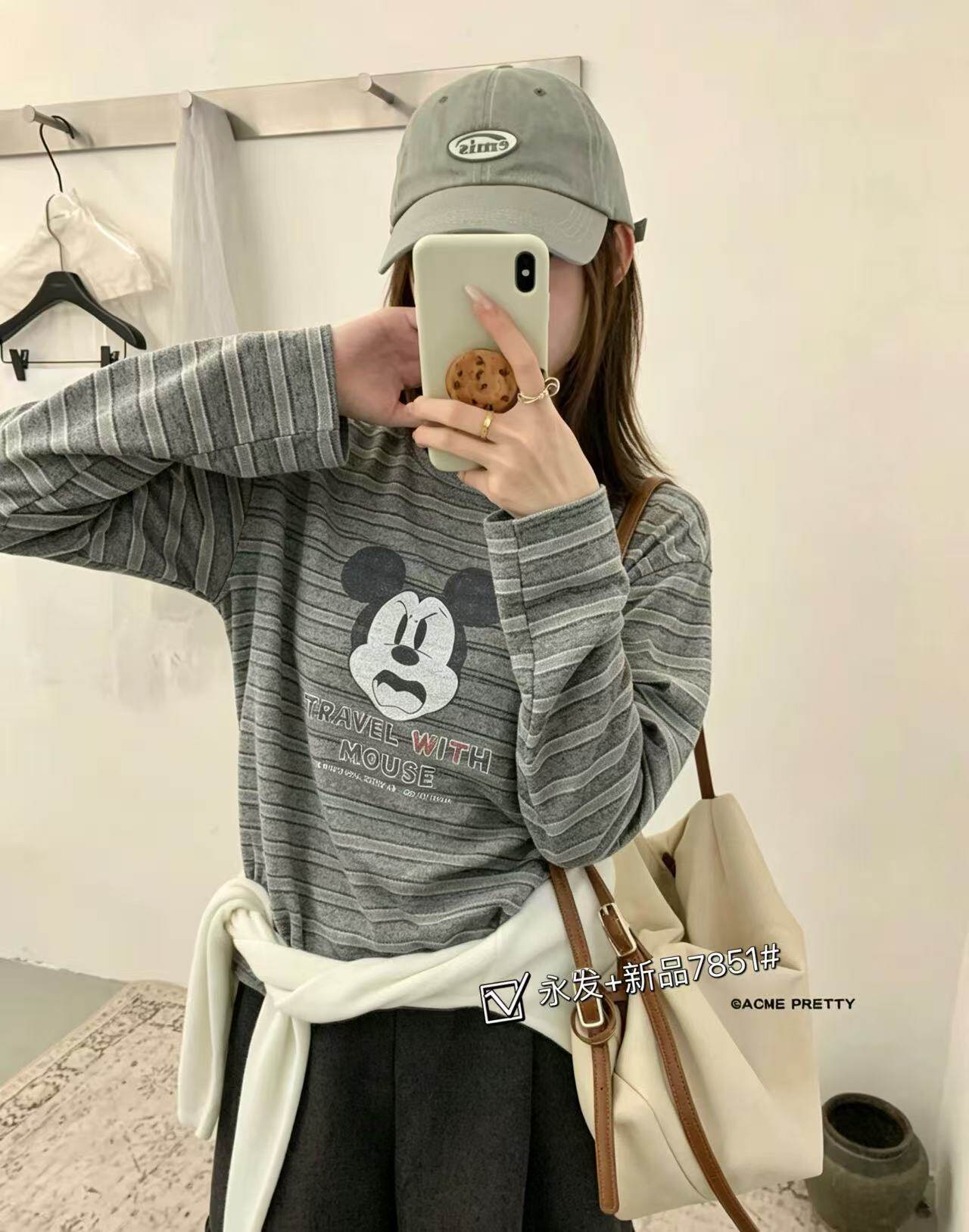 7851韩系复古卡通米奇条纹长袖T恤女秋冬新款休闲宽松百搭上衣潮