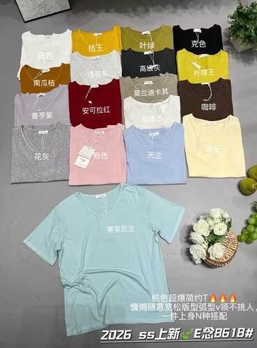 E念8618夏季胖mm新款短袖t恤女内搭气质减龄宽松大码休闲遮肚上衣