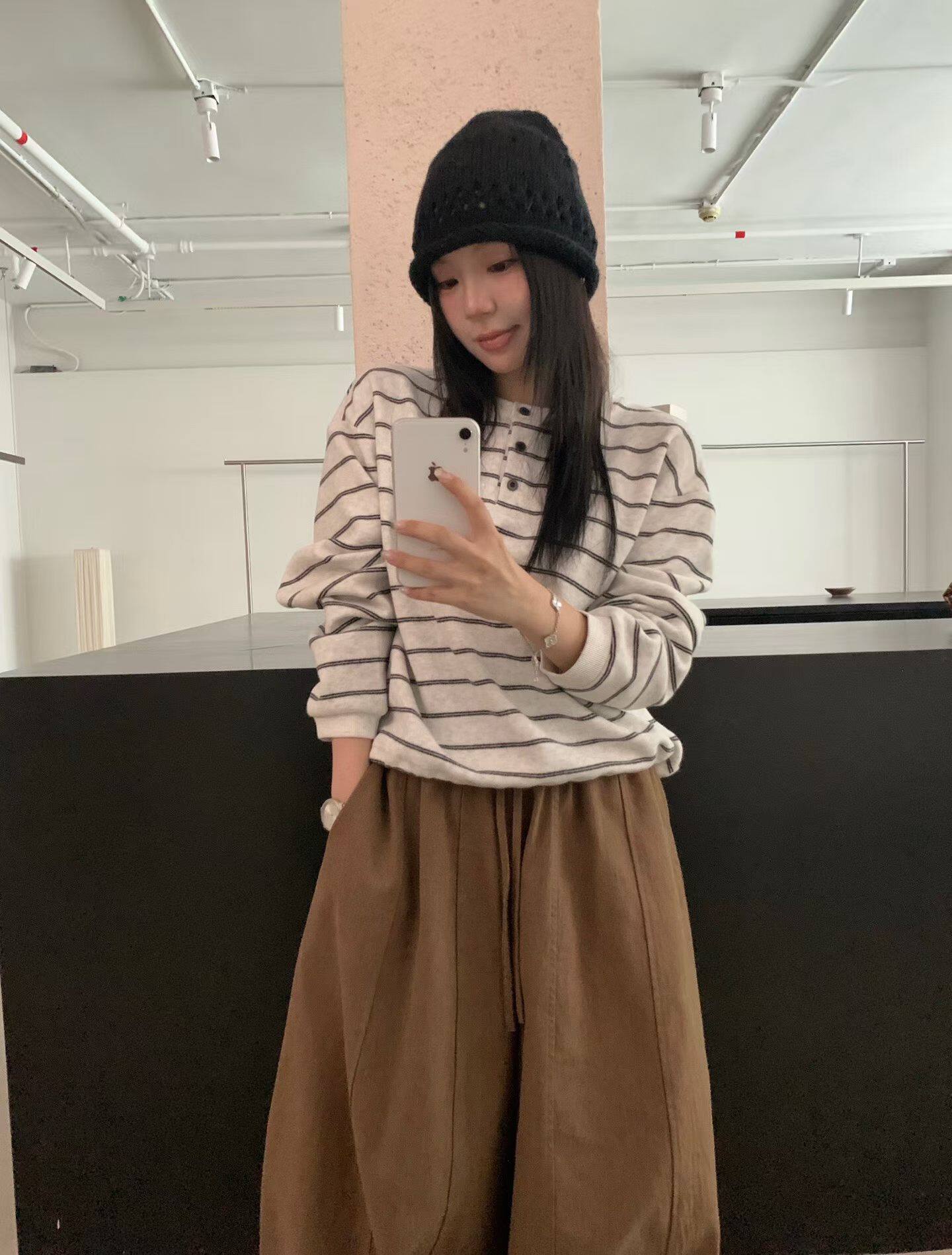 HXL85097韩系新款宽松显瘦百搭圆领长袖条纹T恤女休闲上衣卫衣潮