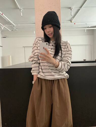 HXL85097韩系新款宽松显瘦百搭圆领长袖条纹T恤女休闲上衣卫衣潮
