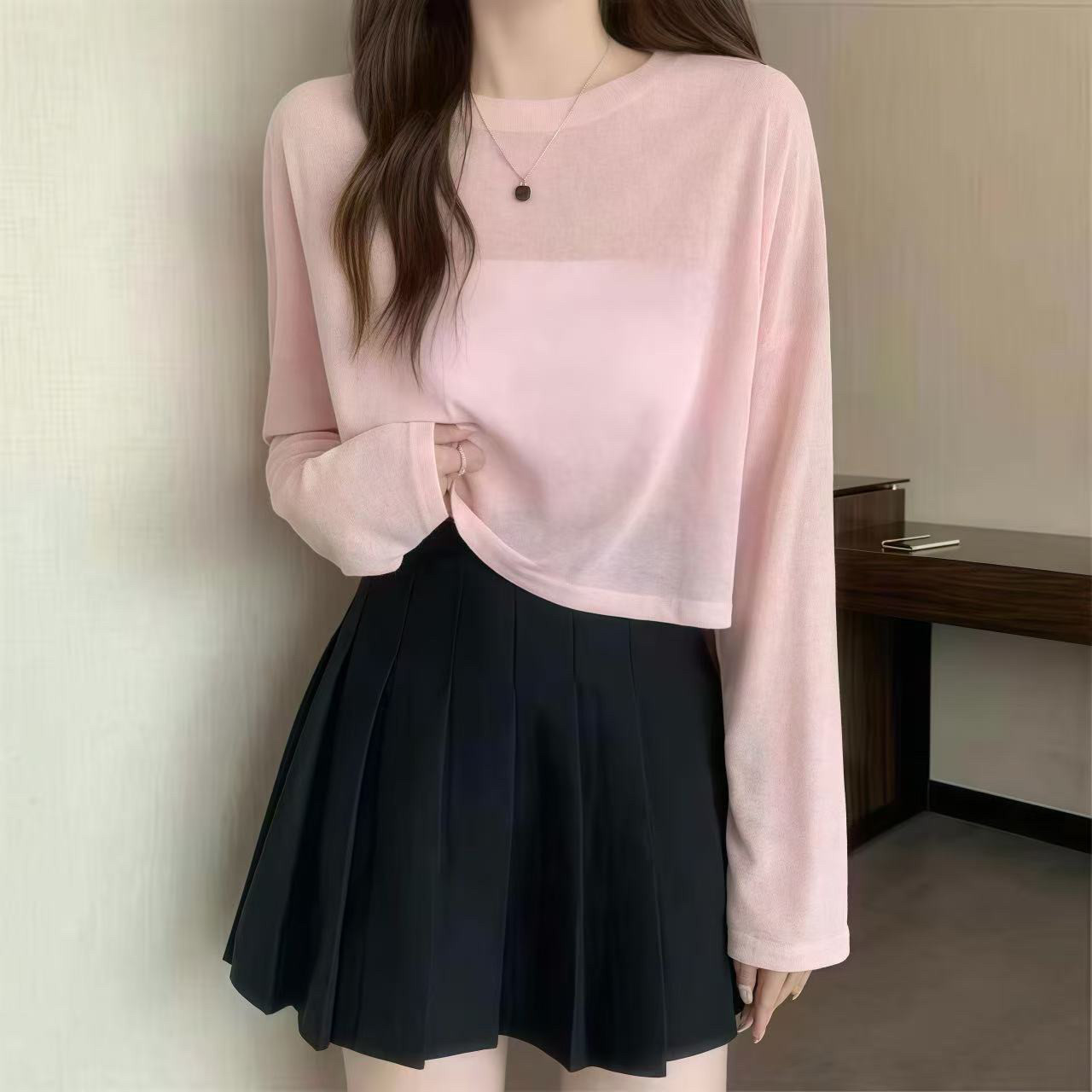 E念2808圆领防晒衣女夏季薄款冰丝显瘦短款辣妹长袖t恤罩衫上衣