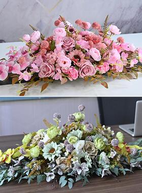 长桌布置会议花餐桌花欧式长花排
