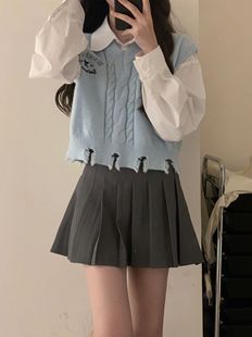 百褶裙慵懒一整套 奶系学院风套装 女秋季 短款 毛衣针织马甲叠穿衬衫