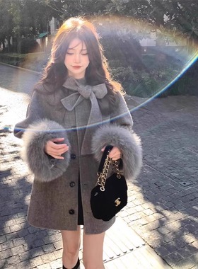 灰色双面毛呢外套女冬季2023新款小香风高级感斗篷气质大衣超好看